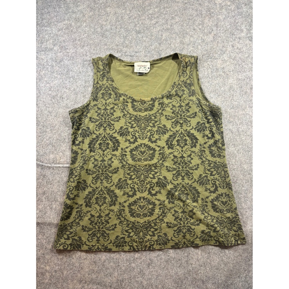 KikaPaprika Olive Green Damask Print Tank Top Organic Cotton Blend USA Womens L